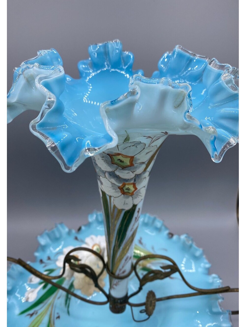 Bohemian Moser Harrach Hand Painted Victorian Blue White Cased Glass Epergne